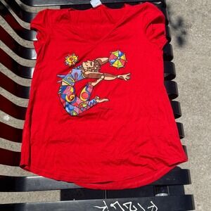 Malwee Fabio Luna Red Graphic V-Neck T-Shirt Women Size P Small Brazil Art Print